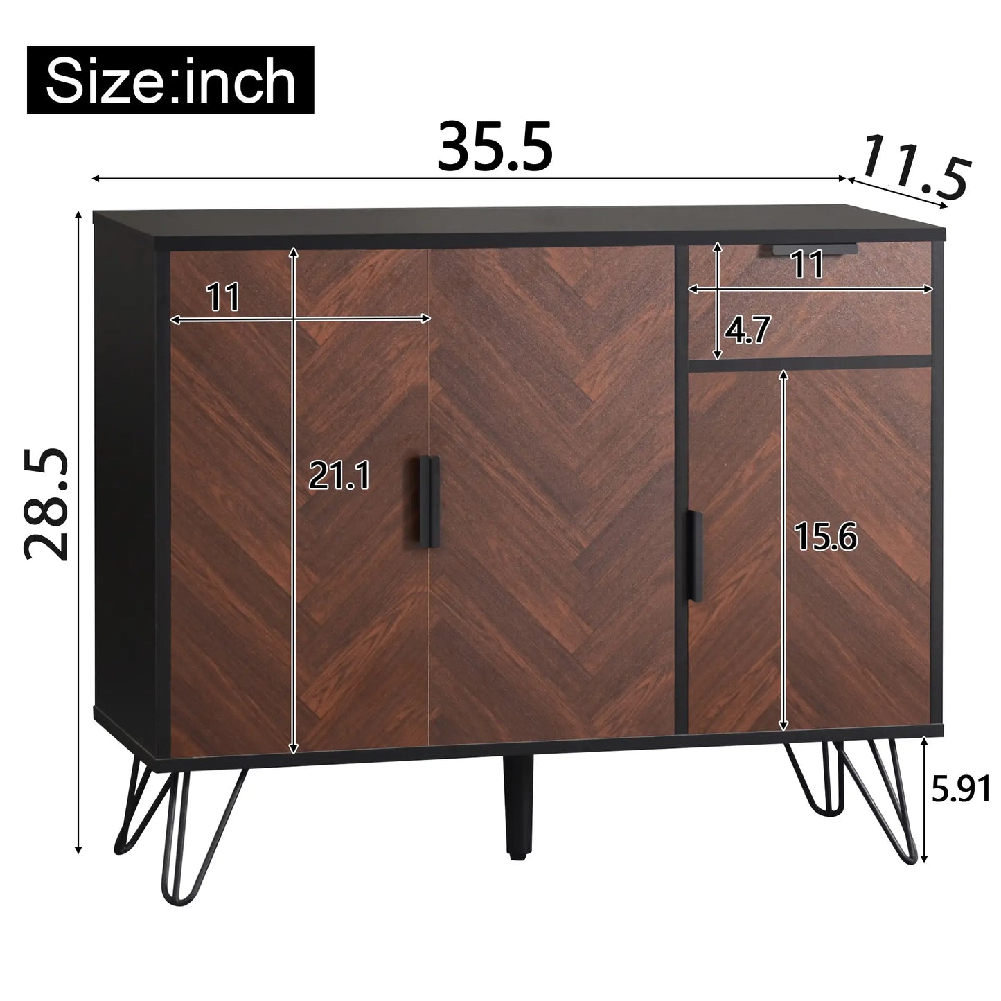 Storage Cabinet with Drawer, Adjustable Shelves, 35.5" L x 11.5" W x 28.5" H, Black+Wood Storage Cabinets at Gallery Canada