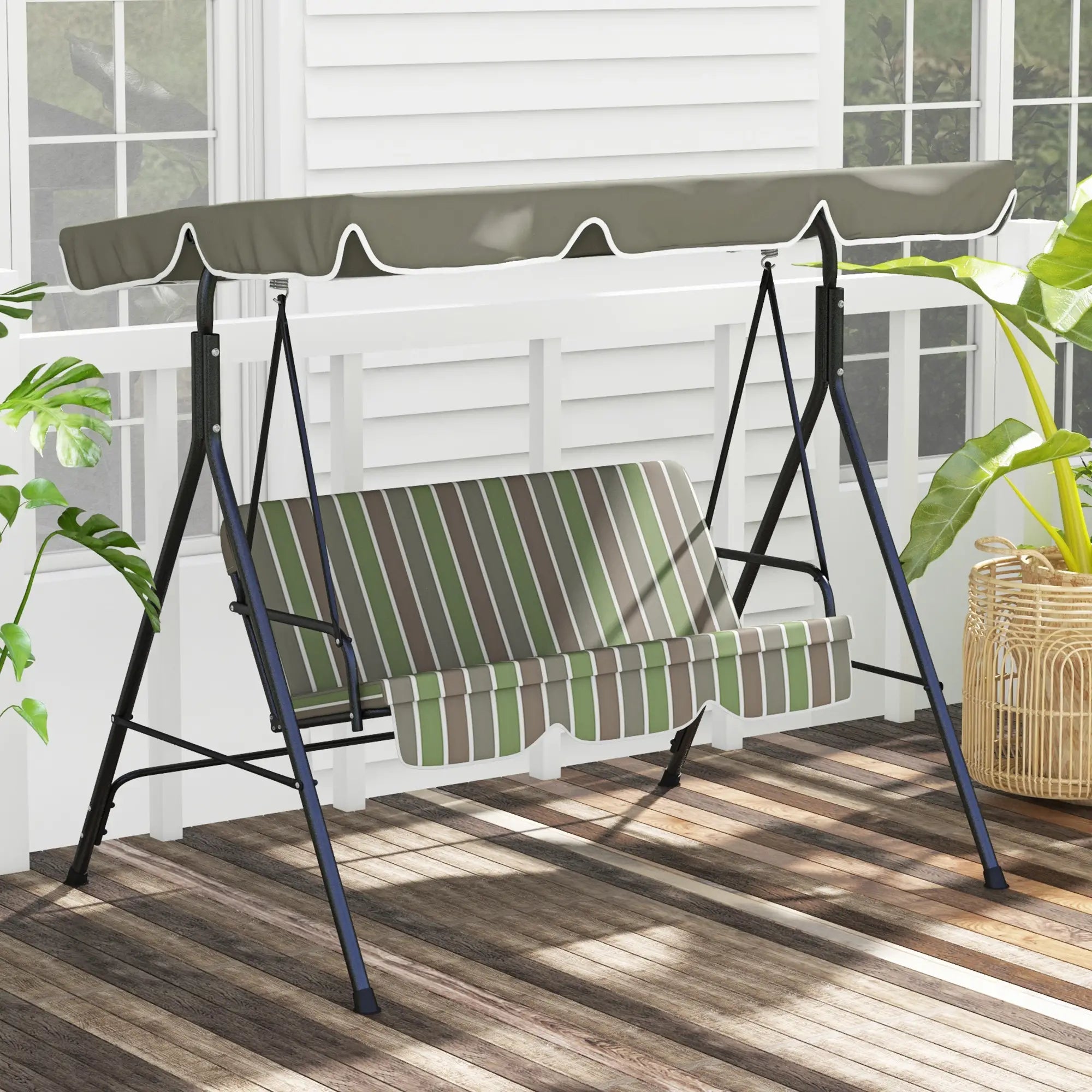 3-Seater Outdoor Porch Swing, Adjustable Canopy, Brown, Green Patio Swings with Stand at Gallery Canada