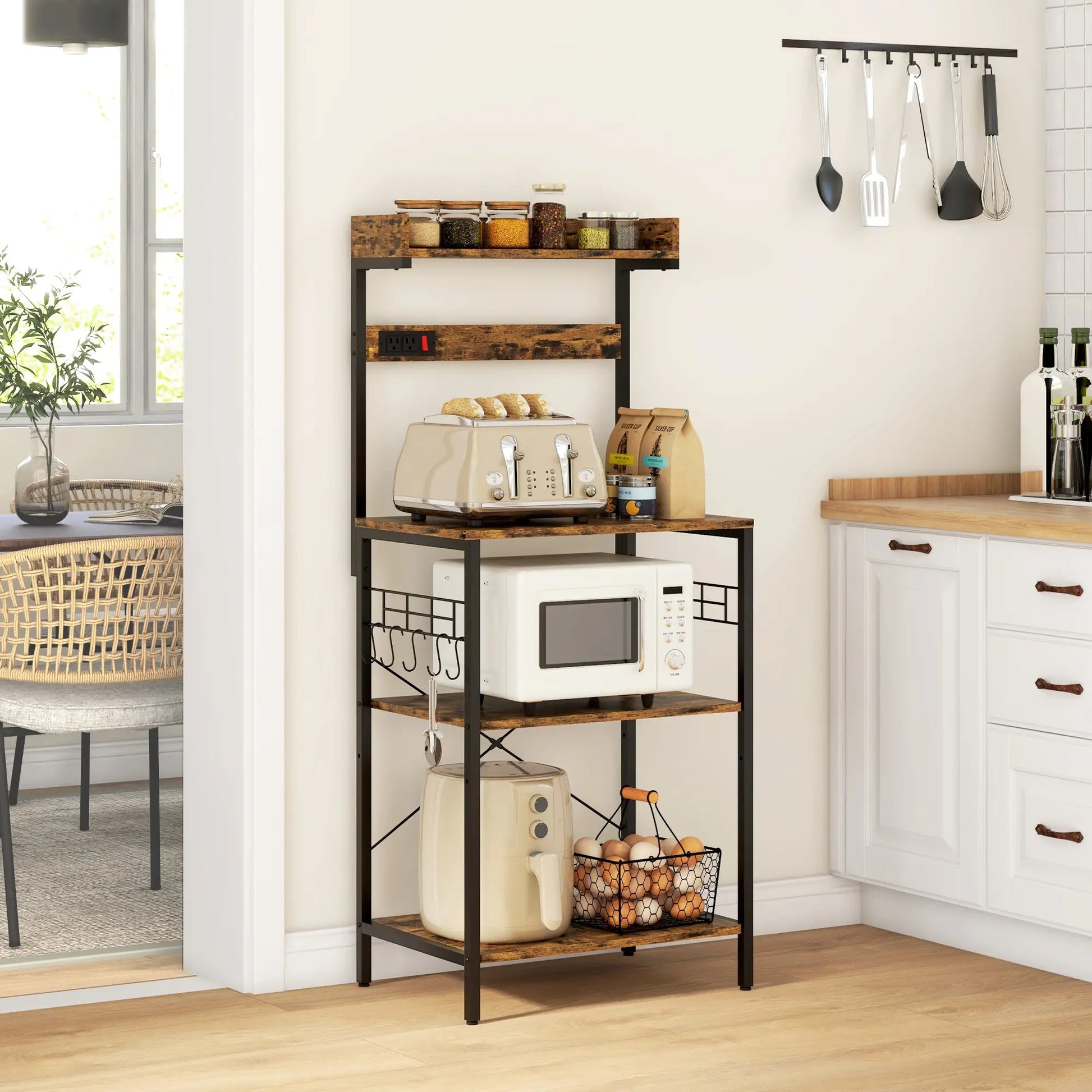 Kitchen Baker's Rack with Power Outlet, Adjustable Shelves, Rustic Brown, Brown Bar Cabinets at Gallery Canada