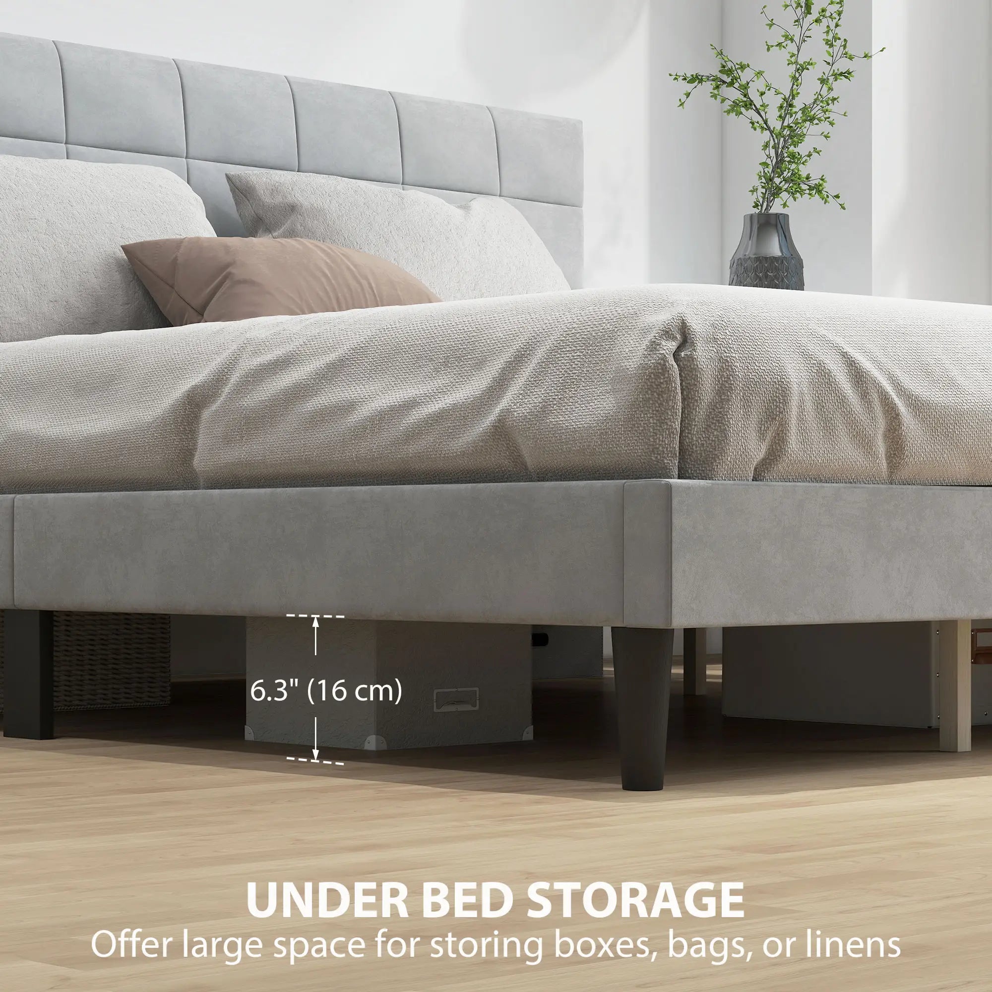 Queen Size Bed Frame, Upholstered Headboard, Wood Slats, 1100 lbs, Grey Bed Frames at Gallery Canada