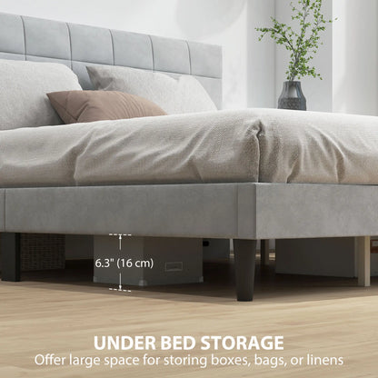 Queen Size Bed Frame, Upholstered Headboard, Wood Slats, 1100 lbs, Grey Bed Frames at Gallery Canada