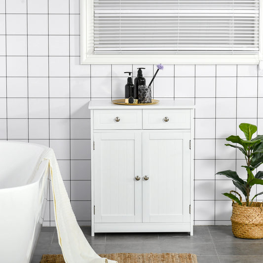 Freestanding Bathroom Cabinet, 2 Door, 2 Drawers, Adjustable Shelf, White Bathroom Cabinets White at Gallery Canada