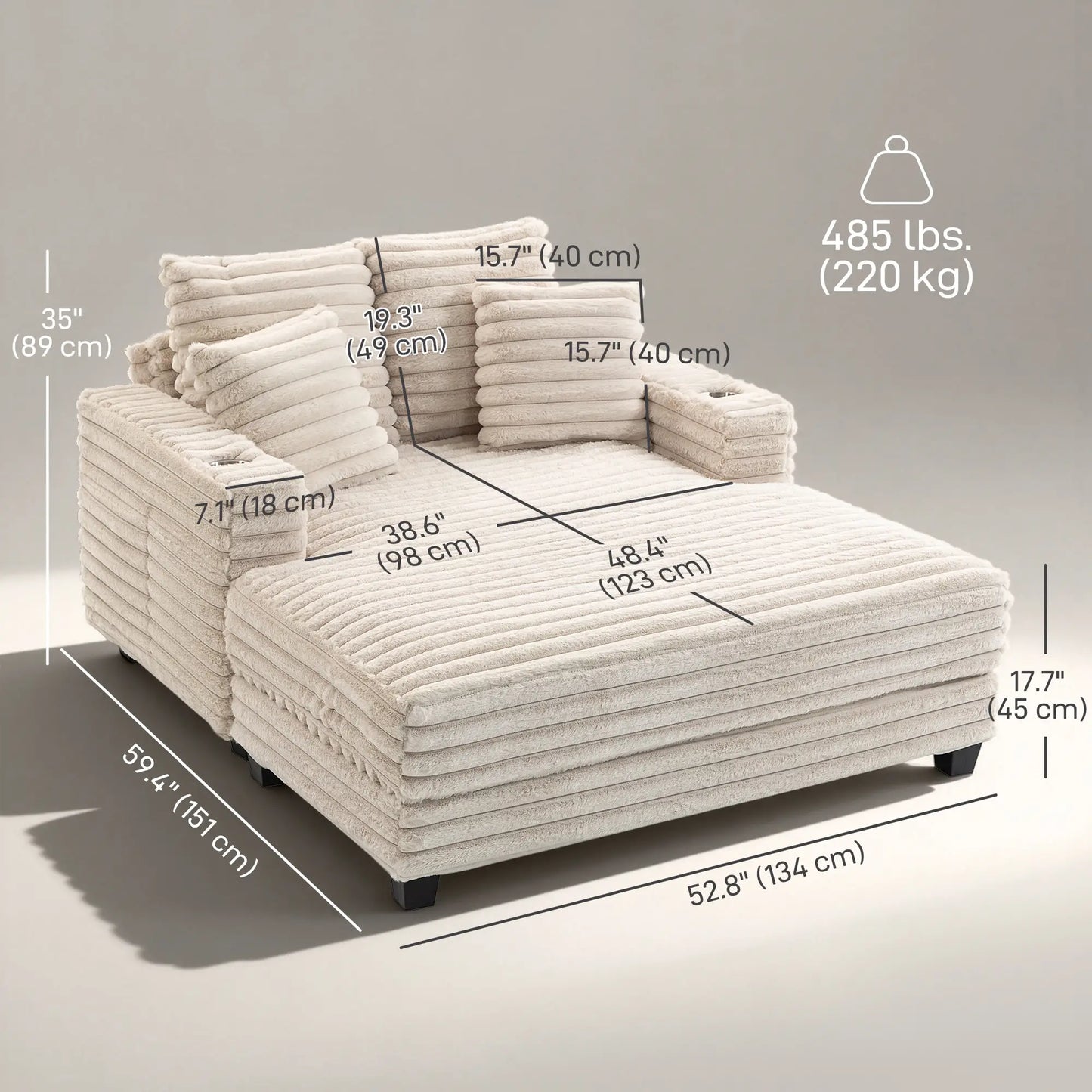 60" Chaise Lounge Chair, Upholstered Sofa Bed With Cup Holders, Beige Sofas & Reclining Chairs at Gallery Canada