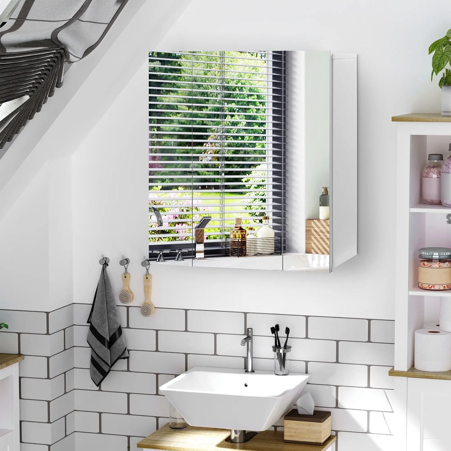 28" x 24" Wall Mounted Mirror Cabinet, 3 Doors, Adjustable Shelves, White Mirror Medicine Cabinets at Gallery Canada