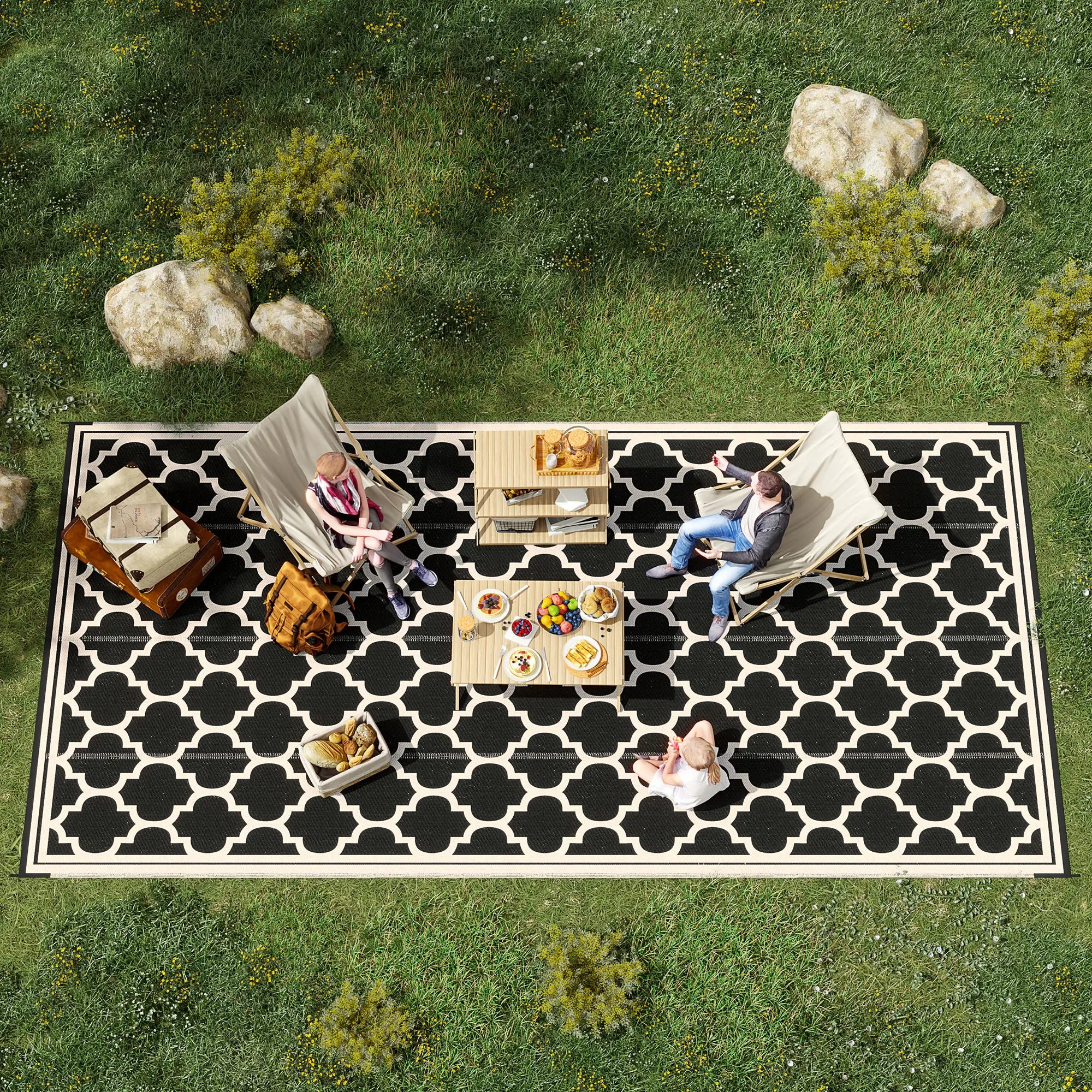 Reversible Outdoor RV Rug, 9' x 18', Patio Floor Mat, Black and Beige Outdoor Reversible Rugs at Gallery Canada