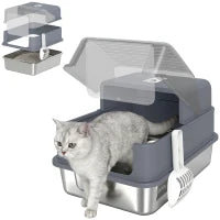 Bac à litière pour chat en acier inoxydable avec couvercle, pelle, sacs désodorisants