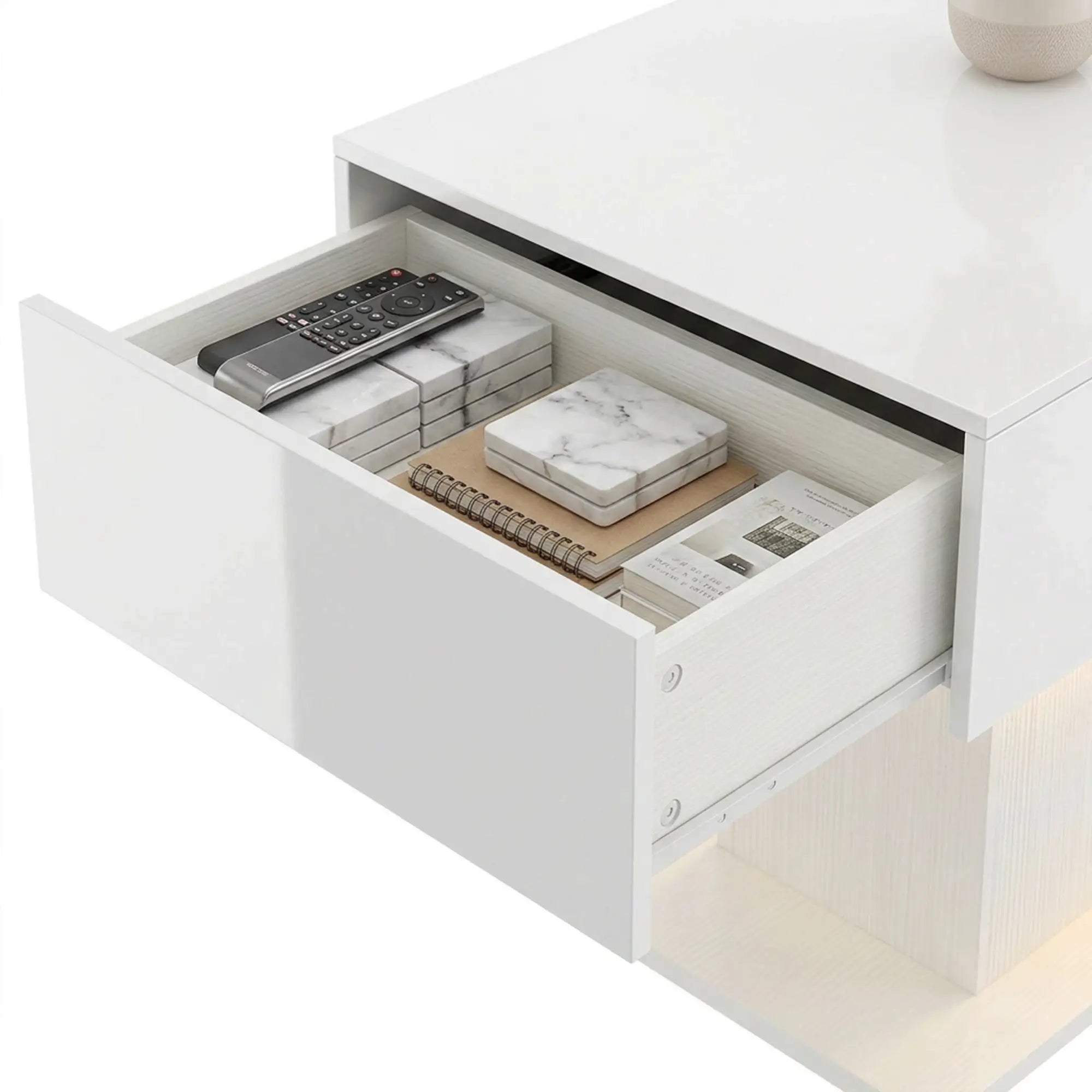 LED Coffee Table with Storage, High Gloss Modern Center Table with 2 Drawers and Remote Control for Living Room, White Coffee Tables at Gallery Canada