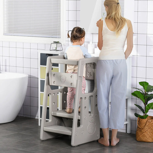Toddler Kitchen Helper Stool, Adjustable Height, Safety Rail, Grey