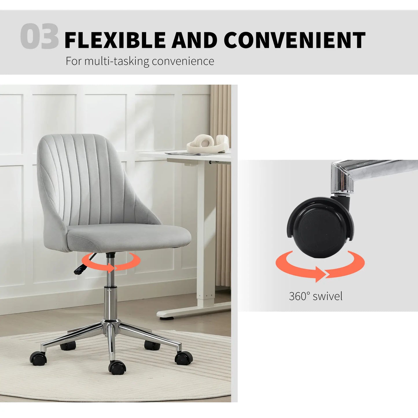 Vanity Chair for Makeup, Velvet Comfy Office Chair with Adjustable Height, Swivel Wheels for Bedroom, Living Room, Grey Task Chairs at Gallery Canada