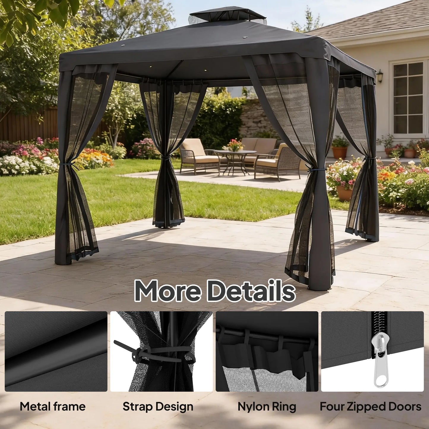 9.6' x 9.6' Gazebo, Steel Frame With Mosquito Netting, Dark Grey Gazebos at Gallery Canada