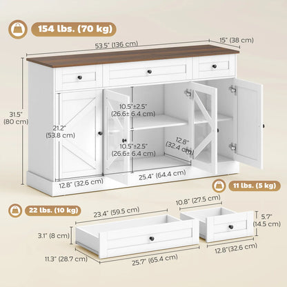 Farmhouse Sideboard Buffet Cabinet, 54", White Wood Grain Storage Cabinets at Gallery Canada