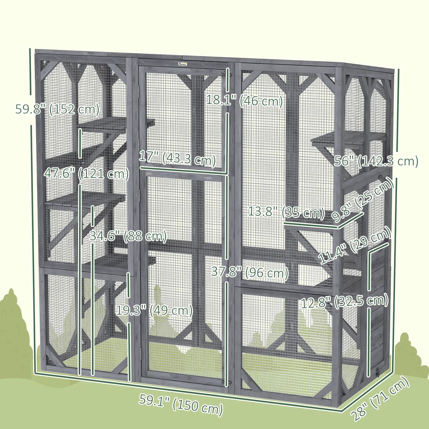 Outdoor Cat Enclosure, 6 Jumping Platforms, Weatherproof Roof, Large Door, 59" x 28" x 60", Grey Outdoor Cat Enclosures at Gallery Canada