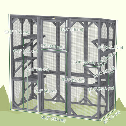 Outdoor Cat Enclosure, 6 Jumping Platforms, Weatherproof Roof, Large Door, 59" x 28" x 60", Grey Outdoor Cat Enclosures at Gallery Canada