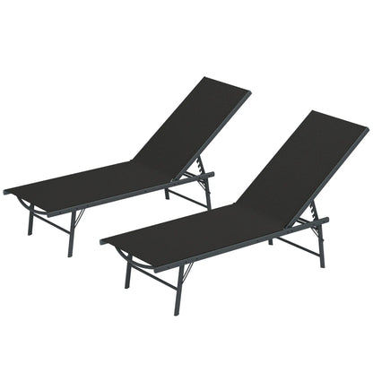 Folding Outdoor Lounge Chairs, 2 Pieces, Adjustable Back, Mesh Seat, Black
