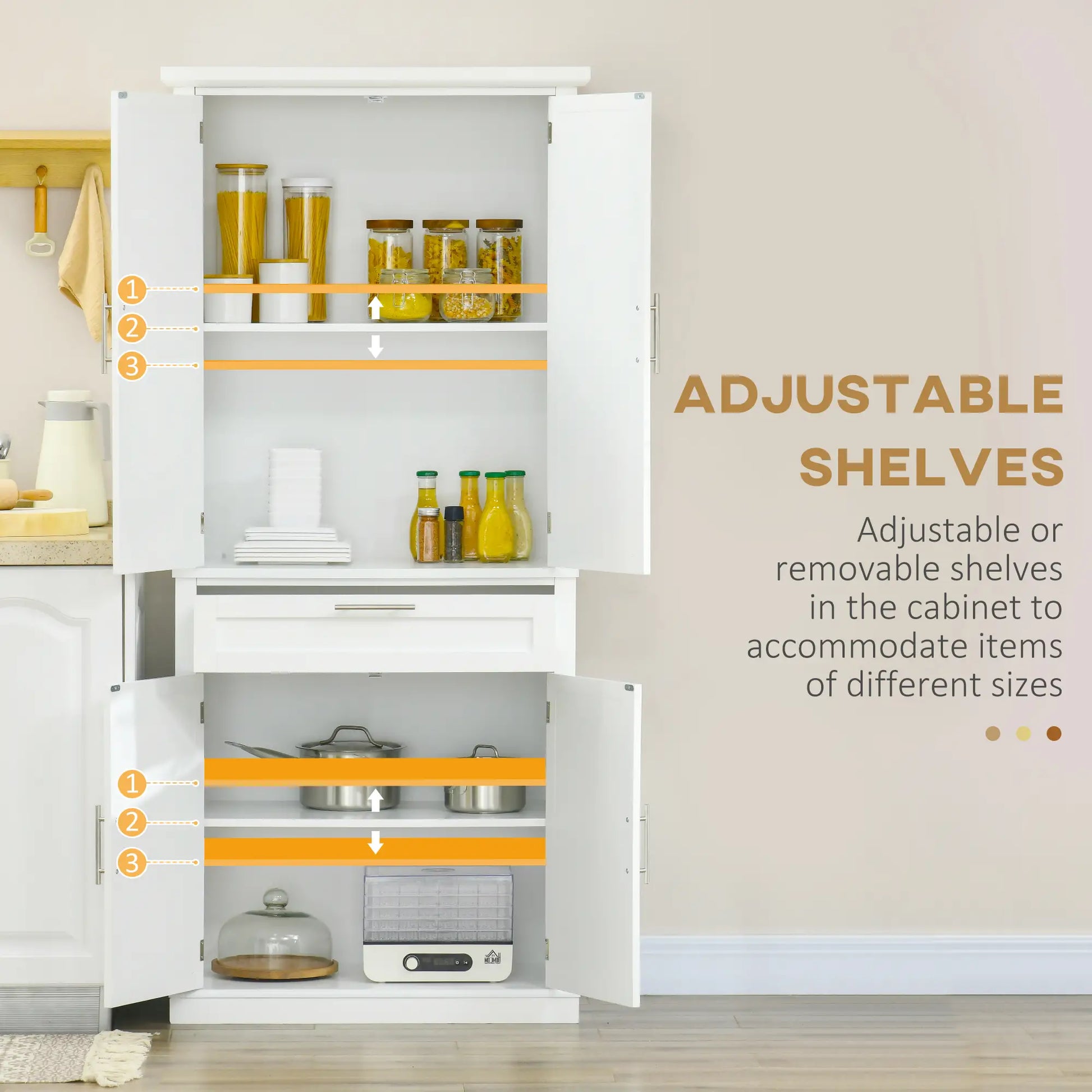 72" Kitchen Pantry Cabinet, 4-Door with Drawer, Adjustable Shelves, White Kitchen Pantry Cabinets at Gallery Canada