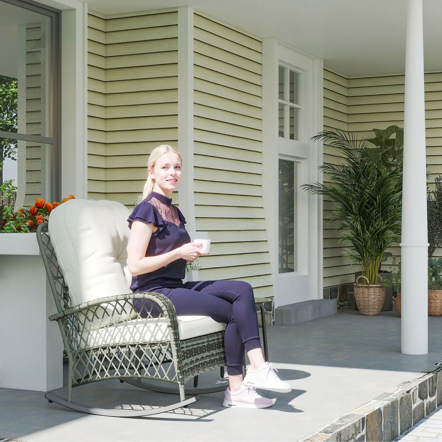 Rattan Rocking Chair, Outdoor Wicker Patio Rocker with Cushions, Khaki Outdoor Rocking Chairs at Gallery Canada