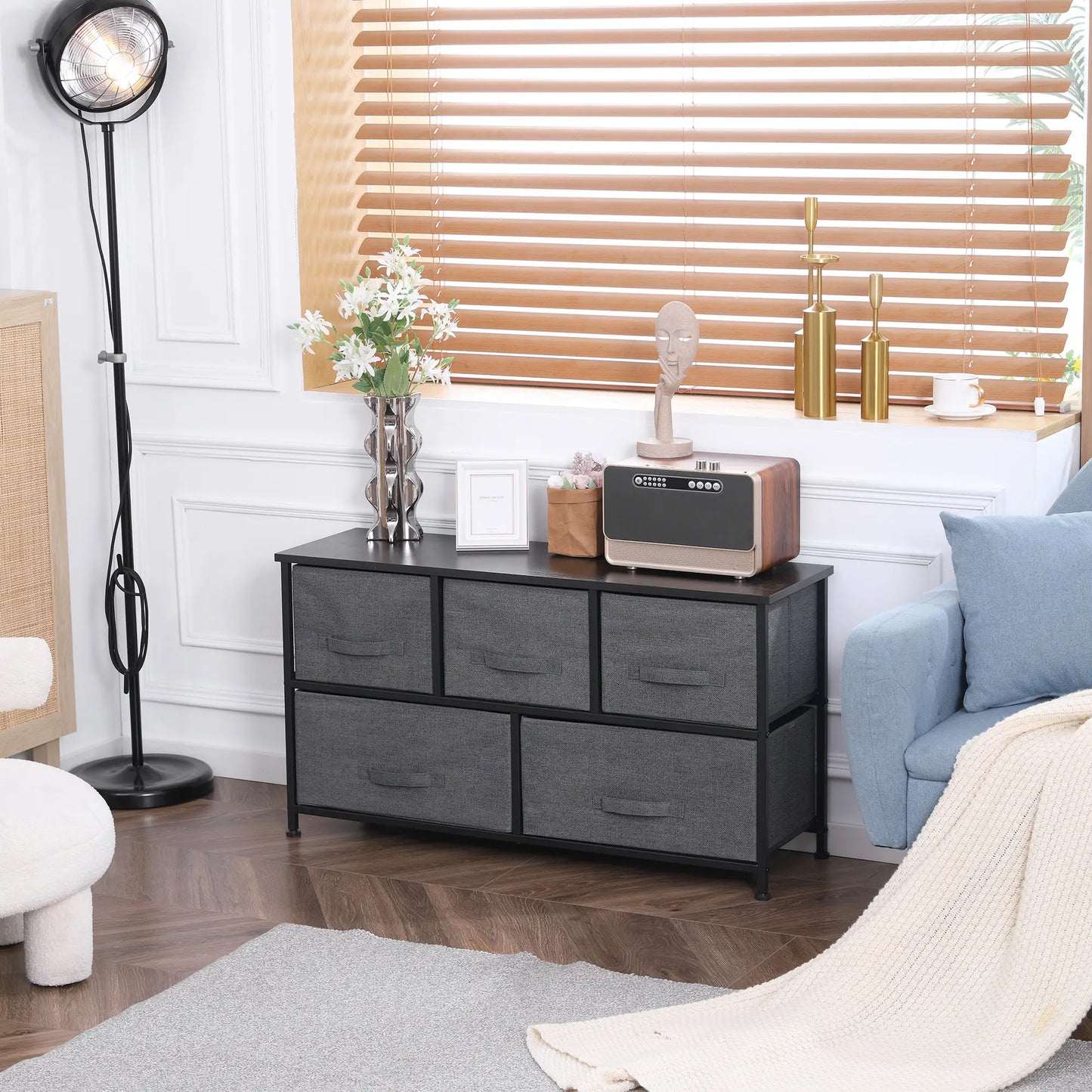 Linen Drawer Cabinet, 5 Removable Drawers, Metal Frame, Adjustable Feet, Dark Grey Storage Cabinets at Gallery Canada