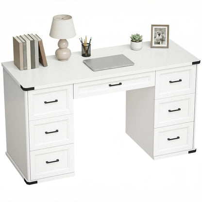 55" Computer Desk With 7 Drawers, Farmhouse Executive Desk, White Wood Grain Computer Desks at Gallery Canada