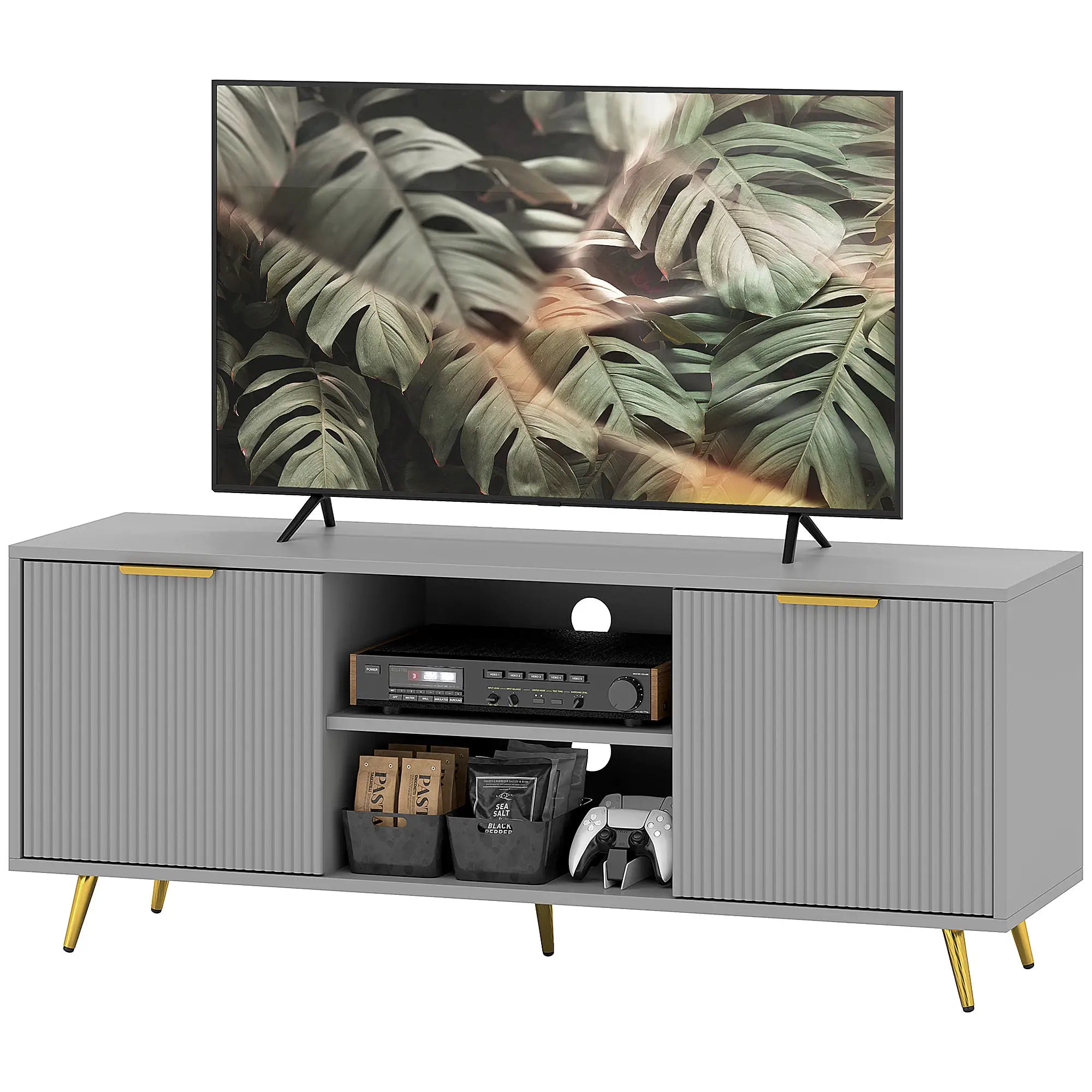 TV Stand for 55 Inch TV, 2 Open Shelves, 2 Cabinets, Grey TV Stands Grey at Gallery Canada