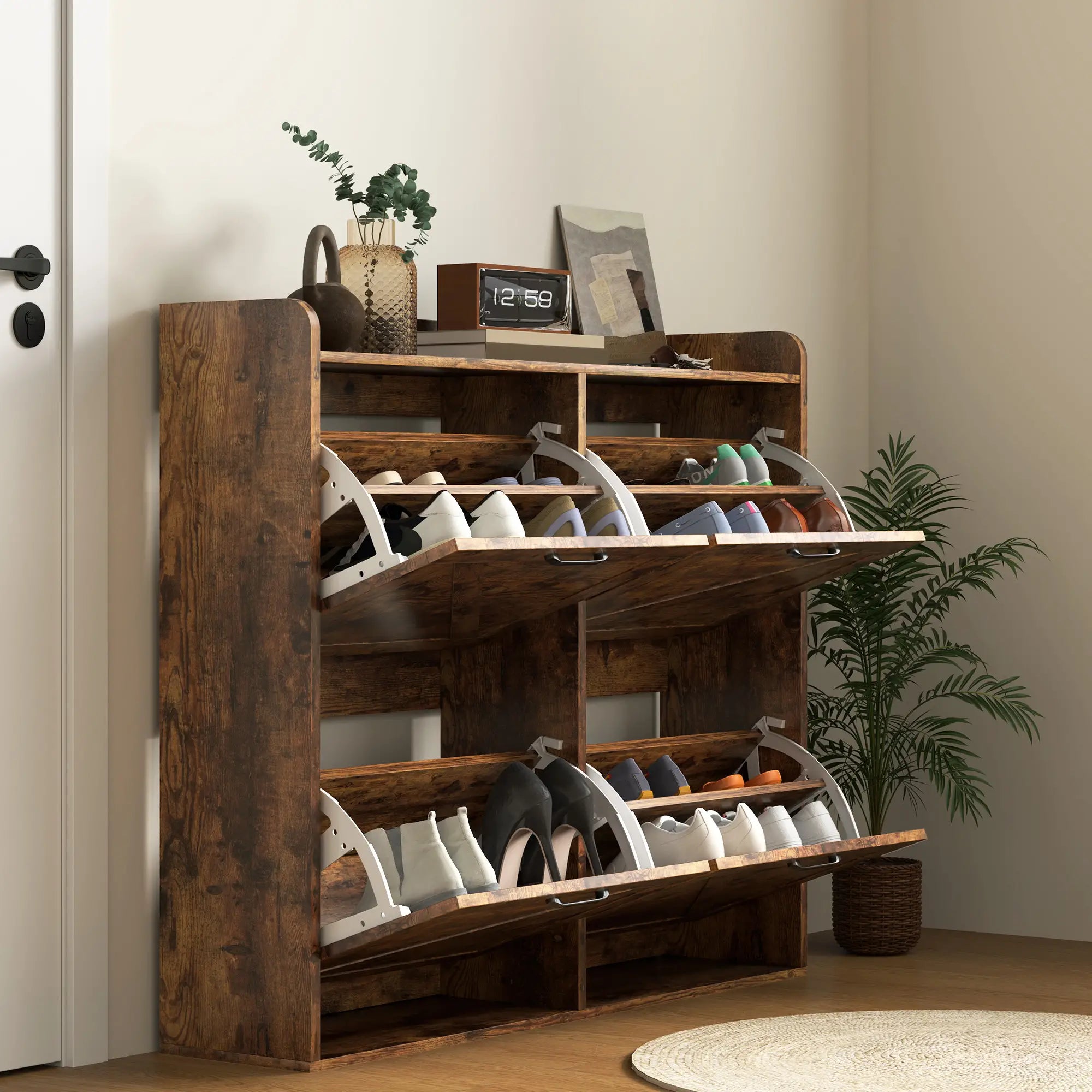 Narrow Shoe Storage Cabinet, 4 Flip Drawers, Adjustable Shelves, 16 Pair, Rustic Brown Shoe Storage Cabinets & Racks at Gallery Canada