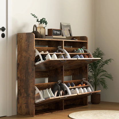 Narrow Shoe Storage Cabinet, 4 Flip Drawers, Adjustable Shelves, 16 Pair, Rustic Brown Shoe Storage Cabinets & Racks at Gallery Canada