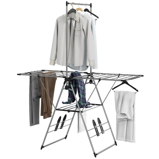 Foldable Stainless Steel Clothes Drying Rack, Adjustable Gullwings, Silver