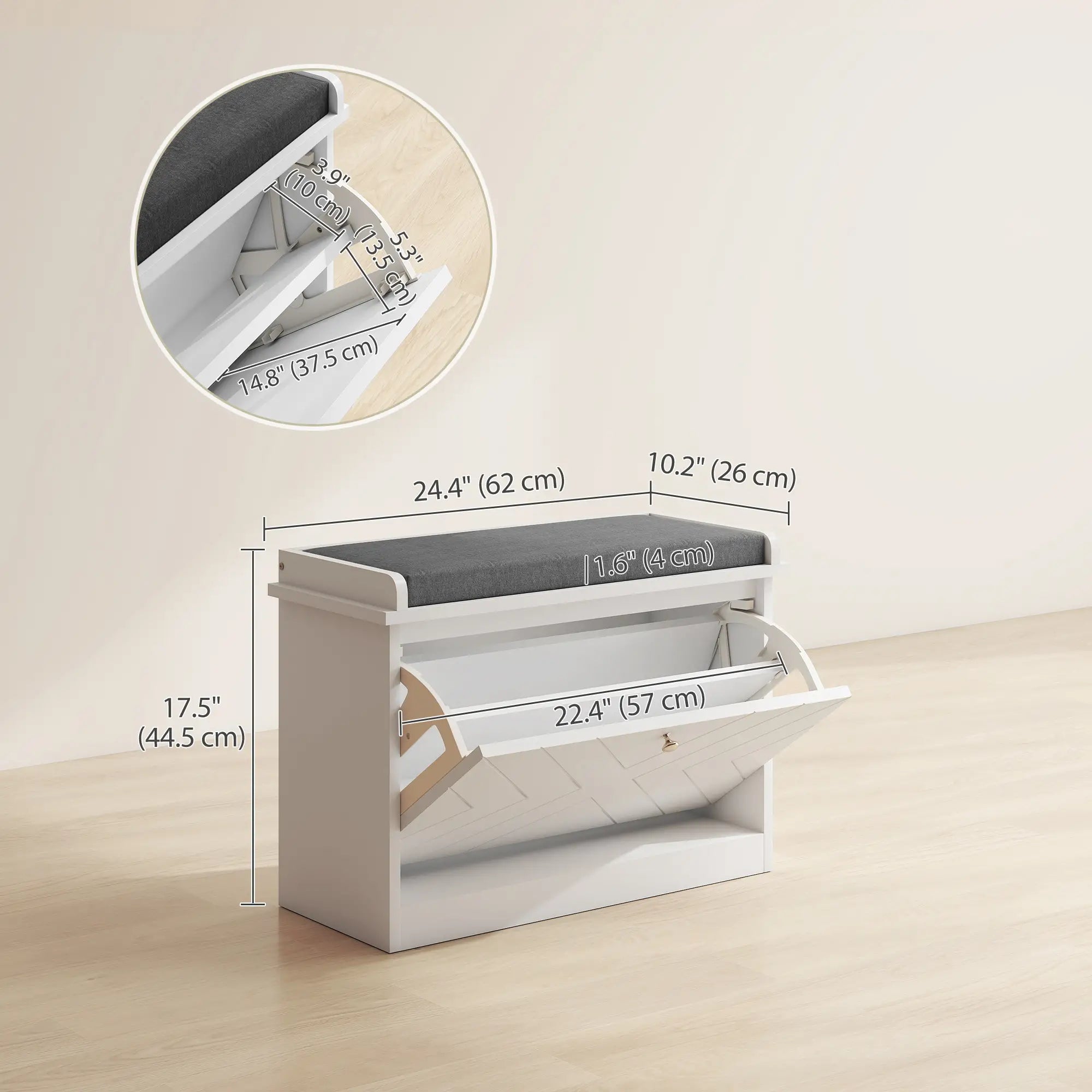 Upholstered Shoe Storage Bench with Flip Drawer, Adjustable Shelf, 6 Pairs Shoe Storage Cabinets & Racks at Gallery Canada