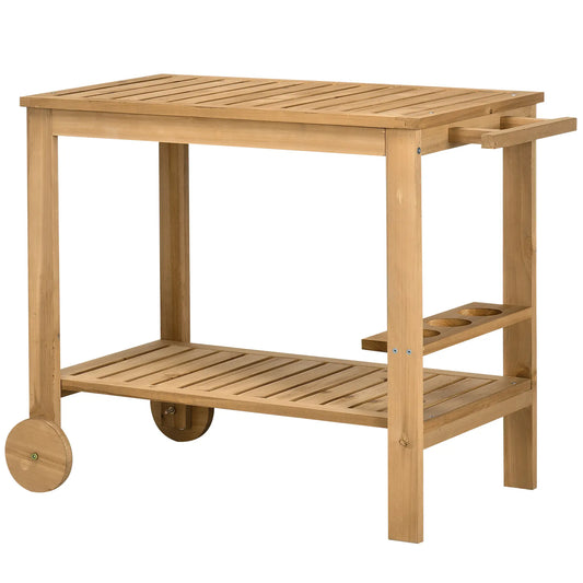 Outdoor Bar Cart, Wood Rolling Serving Cart, 2 Shelves, Wine Bottle Holders Cooler Boxes Natural at Gallery Canada