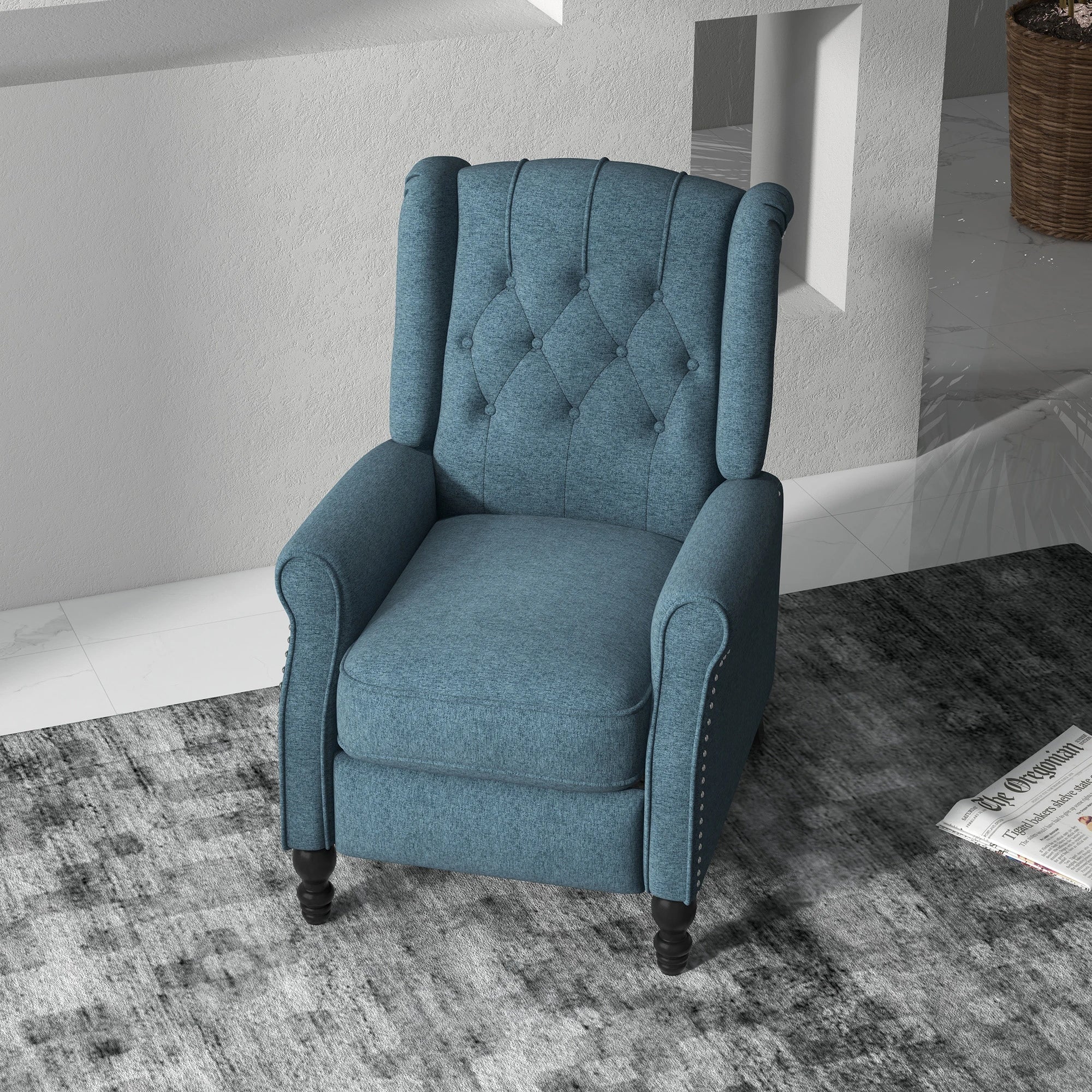Wingback Reclining Chair with Footrest, Button Tufted, Blue Single Sofas at Gallery Canada