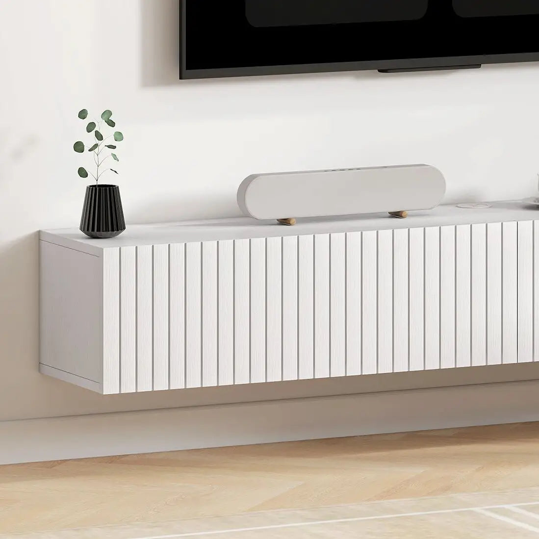 55 Inch Floating TV Stand, Wall Mount Media Console, 2 Fluted Doors, White TV Stands at Gallery Canada