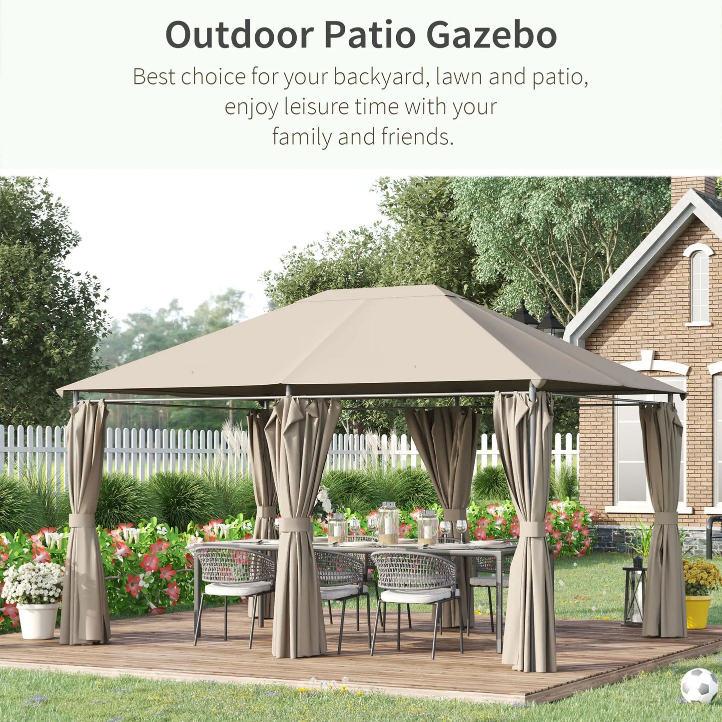 13'x10' Steel Patio Gazebo, Soft Top, 6 Removable Curtains, Khaki Gazebos at Gallery Canada