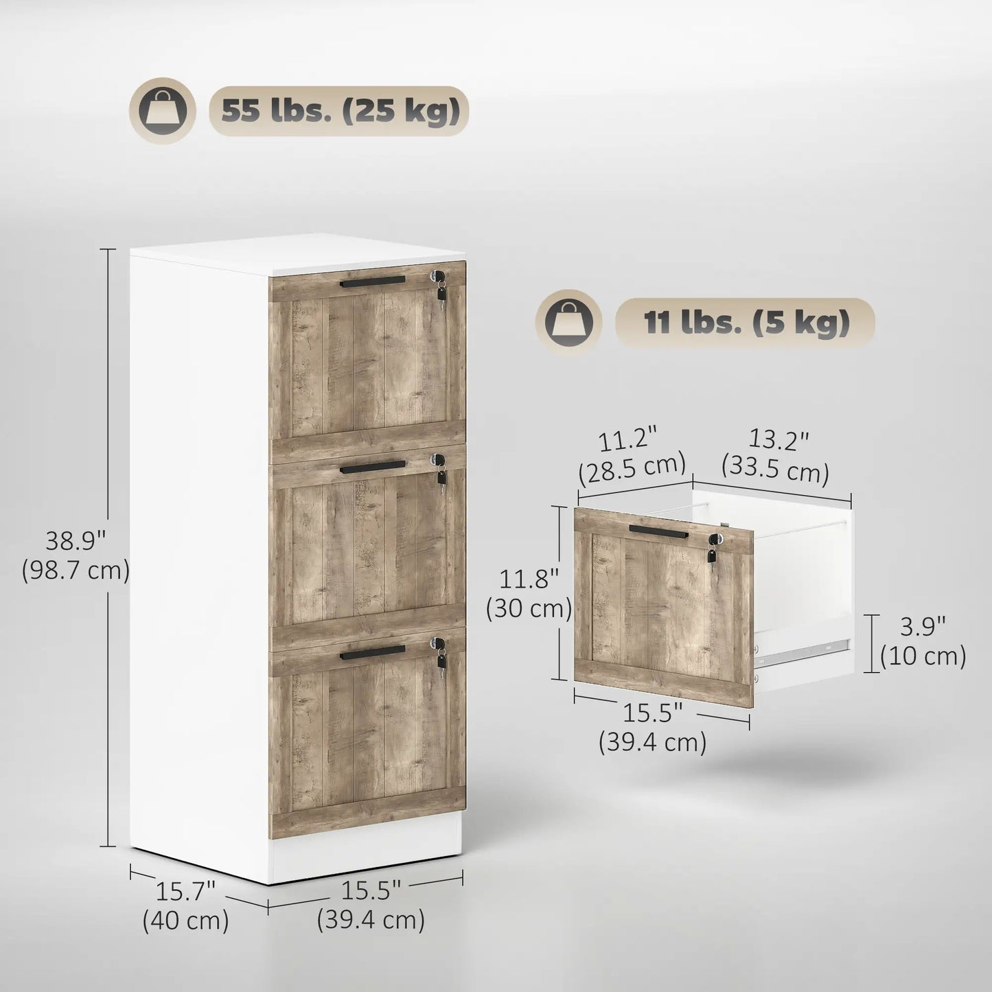 3 Drawer Filing Cabinet, Farmhouse Style, Adjustable Hanging Rails, A4 Letter Size, White Office Cabinets & Cupboards at Gallery Canada