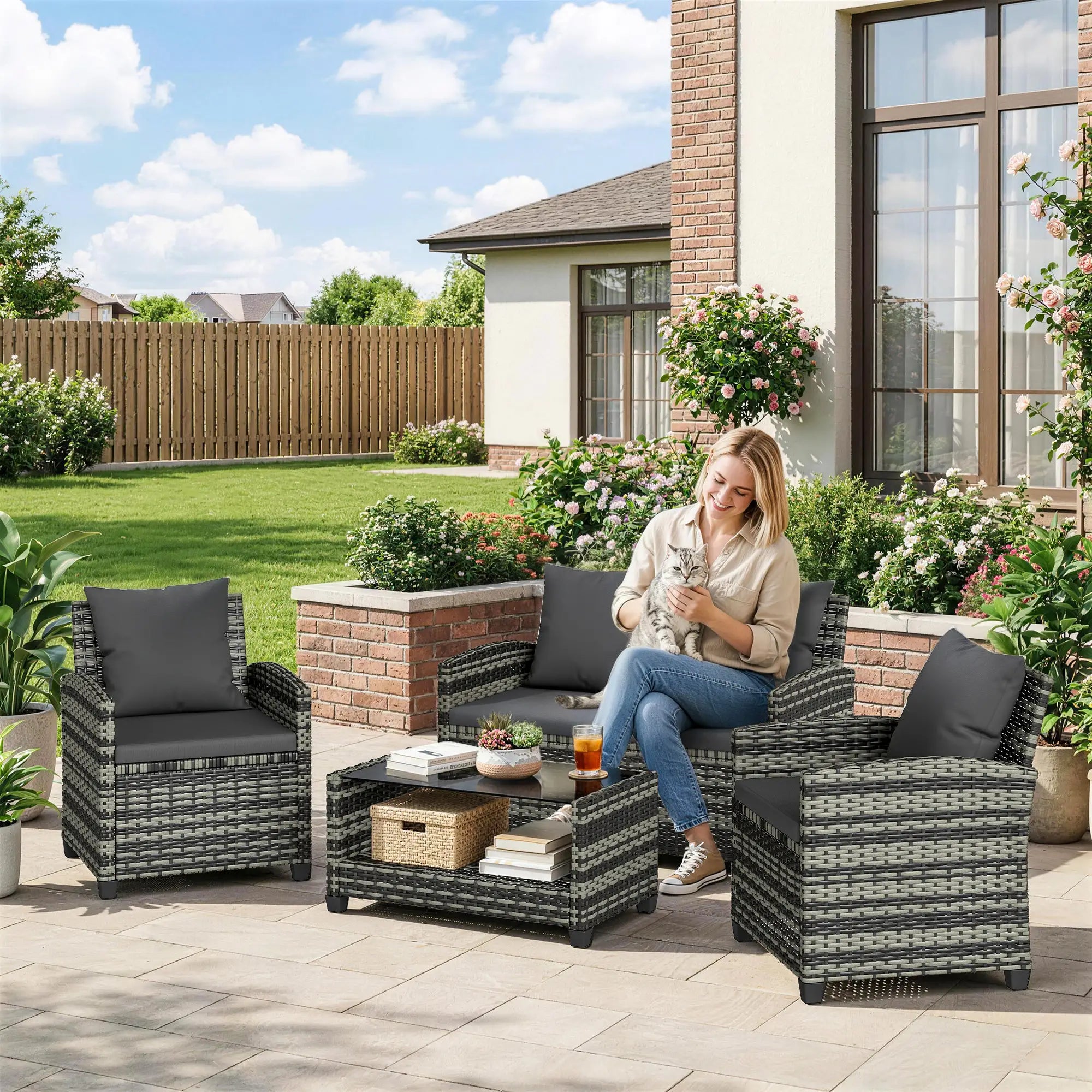 4 Piece Wicker Patio Furniture Set, Loveseat, Chairs, Table, Dark Grey Patio Furniture Sets at Gallery Canada