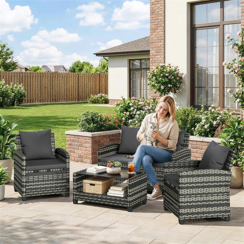 4 Piece Wicker Patio Furniture Set, Loveseat, Chairs, Table, Dark Grey