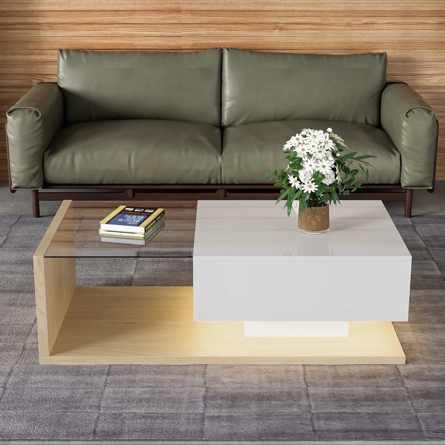 Modern Coffee Table, Glass LED Effect, Storage, 41.5" L x 21.5" W x 12.5" H, White+Wood, White, Wood Coffee Tables at Gallery Canada