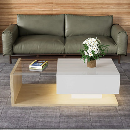 Modern Coffee Table, Glass LED Effect, Storage, 41.5" L x 21.5" W x 12.5" H, White+Wood, White, Wood Coffee Tables at Gallery Canada