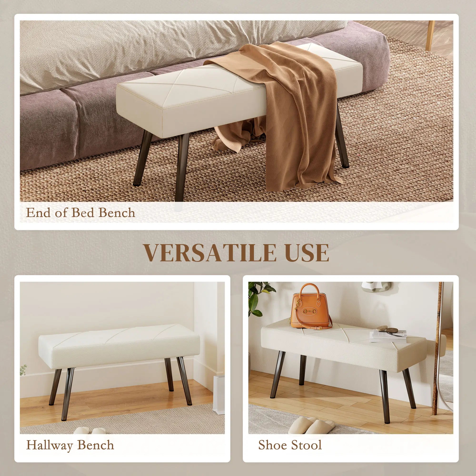 39 Inches Upholstered Bedroom Bench, Modern, Cream White Storage Ottomans & Benches at Gallery Canada