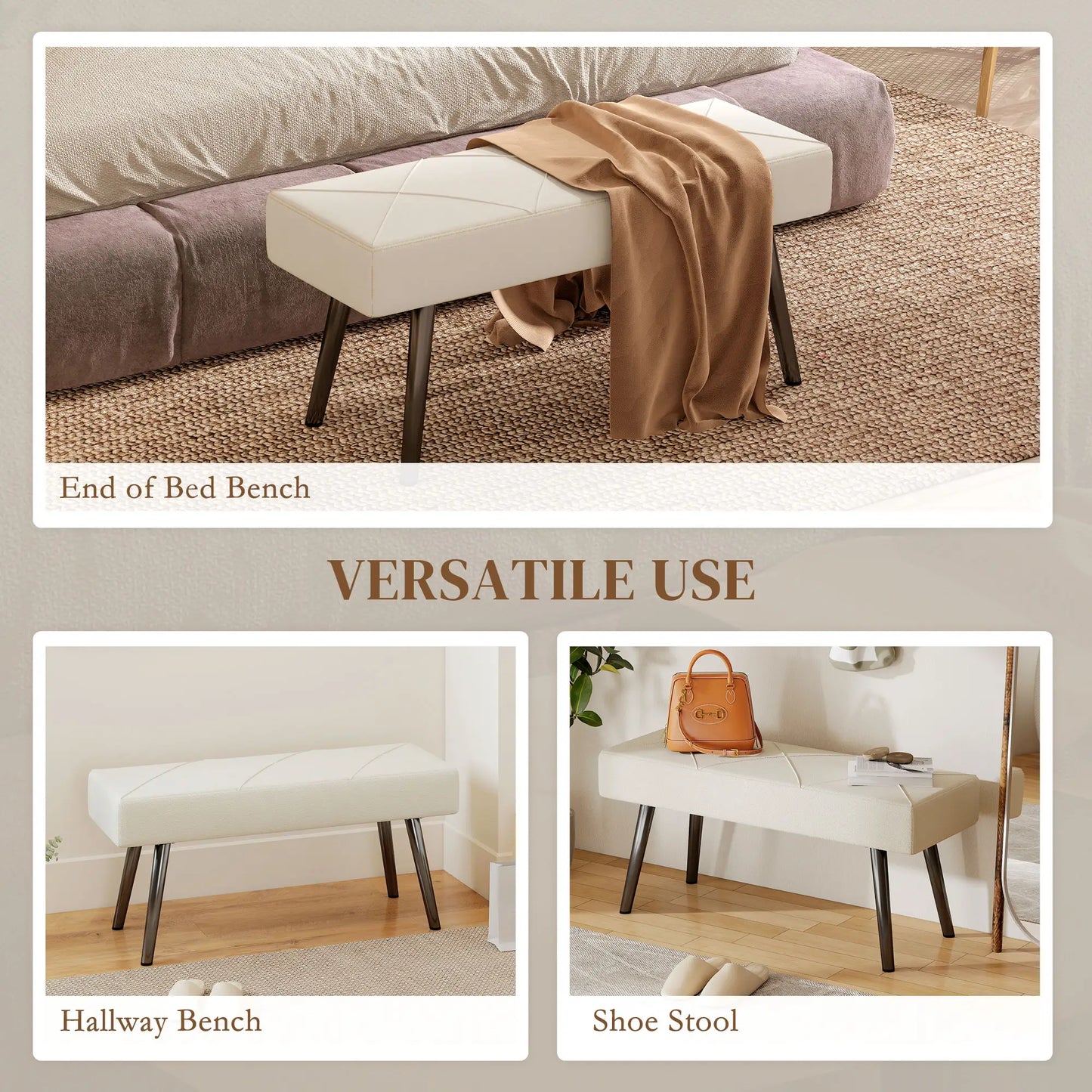 39 Inches Upholstered Bedroom Bench, Modern, Cream White Storage Ottomans & Benches at Gallery Canada