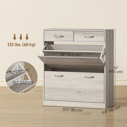 Rangement étroit pour chaussures, 2 tiroirs à rabat, étagères réglables, 12 paires, gris