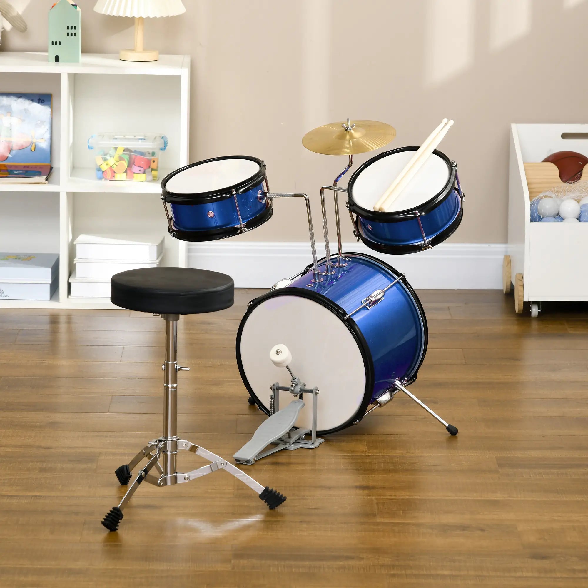 7 Piece Kids Drum Set, Throne, Cymbal, Pedal, Drumsticks, Blue Electronic Musical Pianos at Gallery Canada