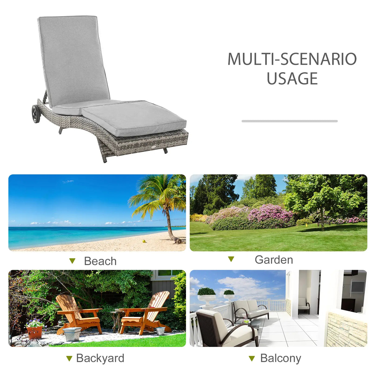 Adjustable Wicker Chaise Lounge Chair with Cushion, Wheels, Grey Chaise Loungers at Gallery Canada