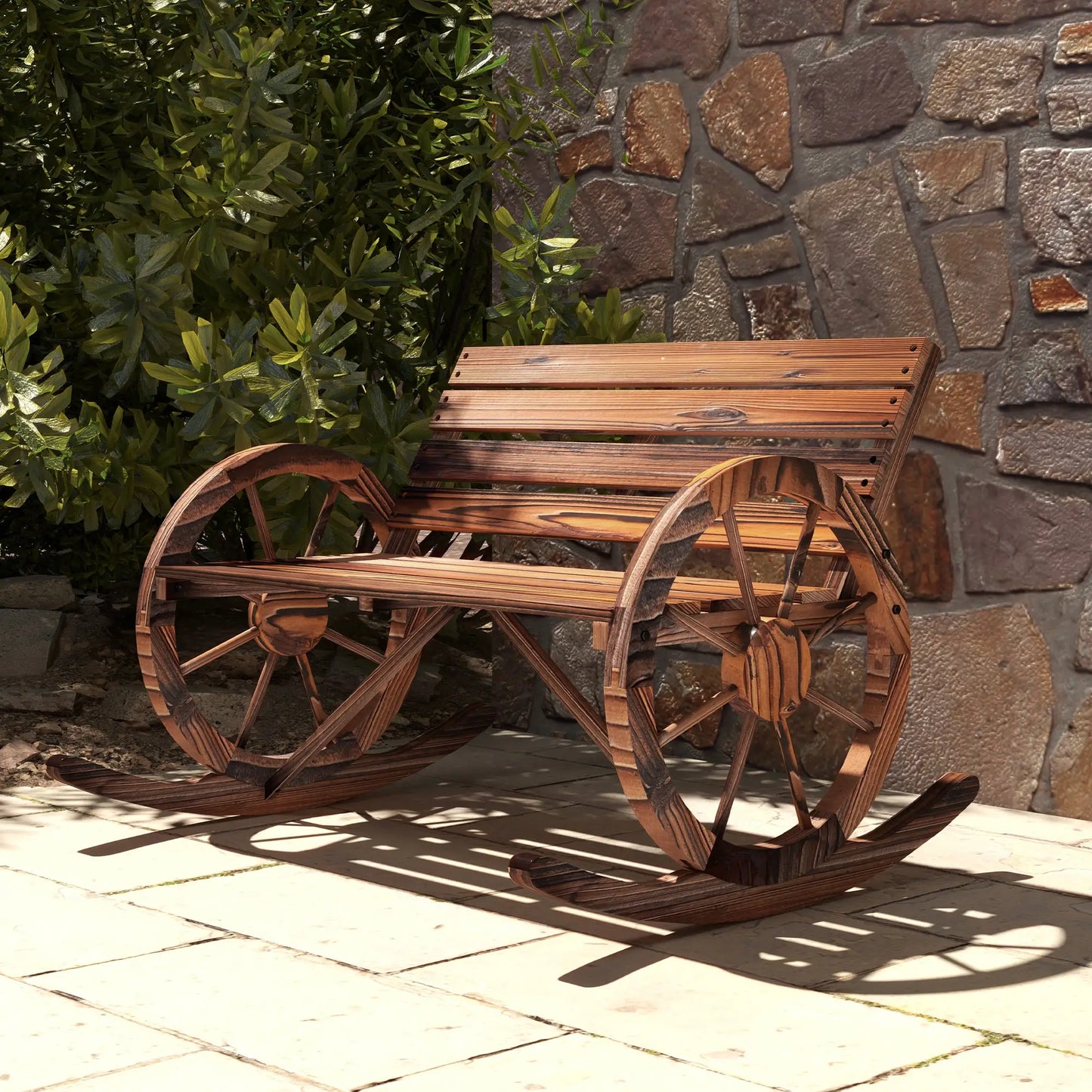 Wood Outdoor Loveseat, Carbonized, Wagon Wheel Armrests Outdoor Rocking Chairs at Gallery Canada