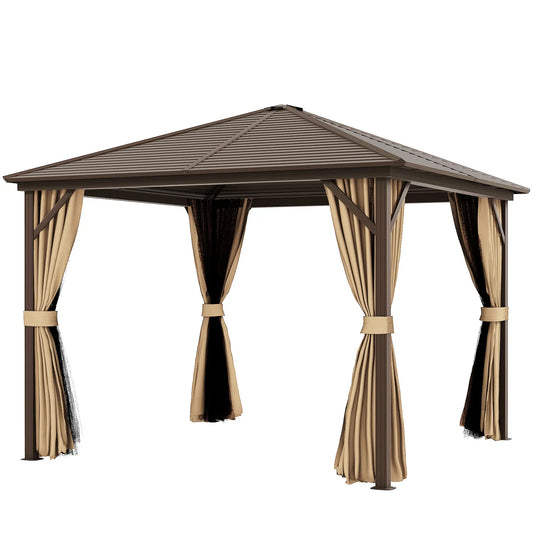 10' x 10' Hardtop Gazebo, Aluminum Canopy, Mosquito Netting, Curtains, Hanging Hook, Brown Gazebos Brown at Gallery Canada