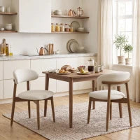 Faux Linen Dining Chairs Set of 2 Cream White Rubberwood Legs, Cream White