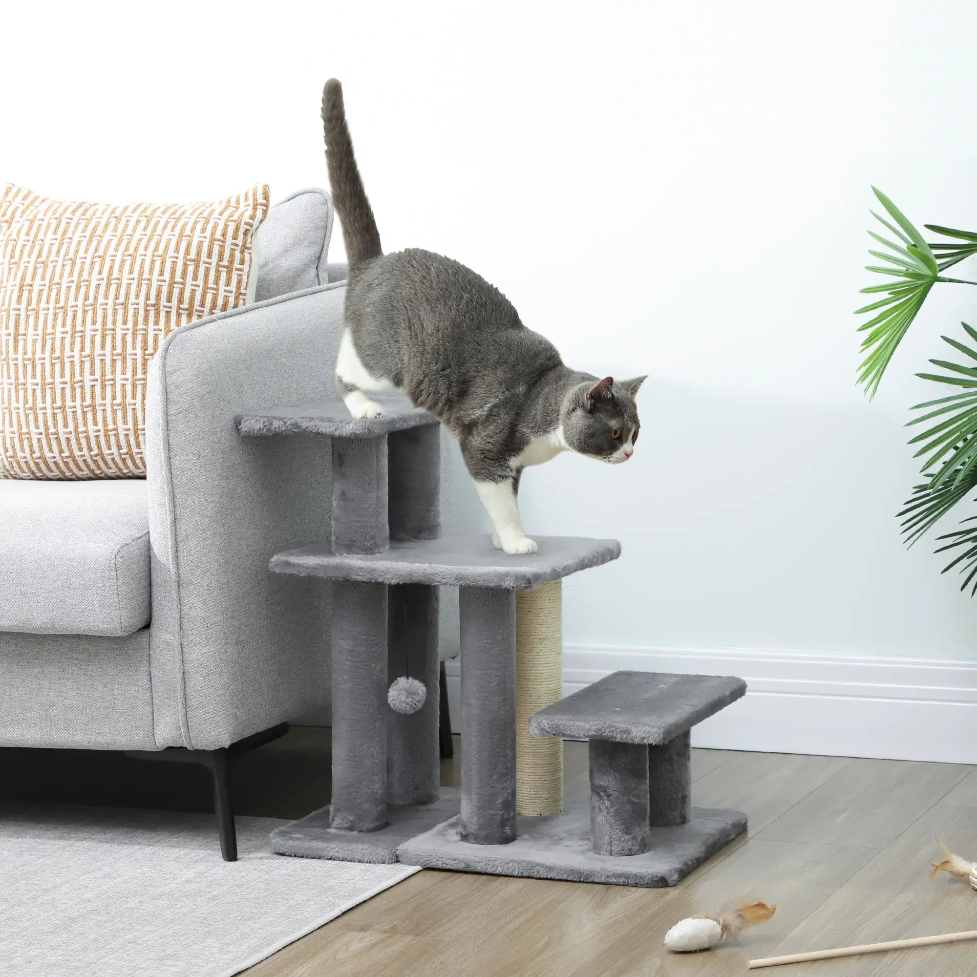 Cat Stairs with 2 Sisal Scratching Posts, Adjustable 3-Tier, Grey Dog Stairs at Gallery Canada