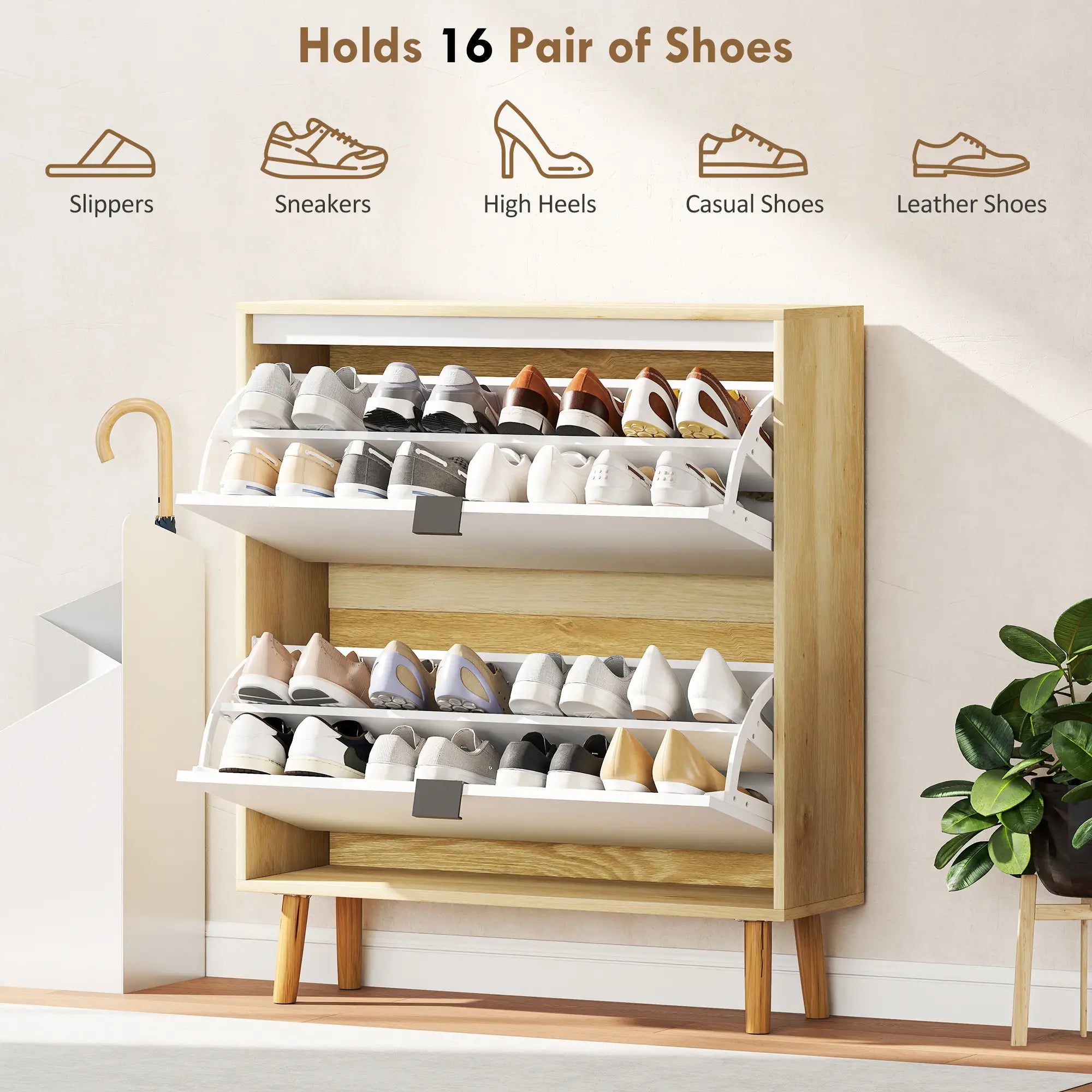 Narrow Shoe Cabinet, 2 Flip Drawers, Adjustable Shelves, Holds 16 Pairs, White Shoe Storage Cabinets & Racks at Gallery Canada