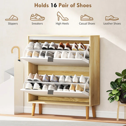 Narrow Shoe Cabinet, 2 Flip Drawers, Adjustable Shelves, Holds 16 Pairs, White Shoe Storage Cabinets & Racks at Gallery Canada