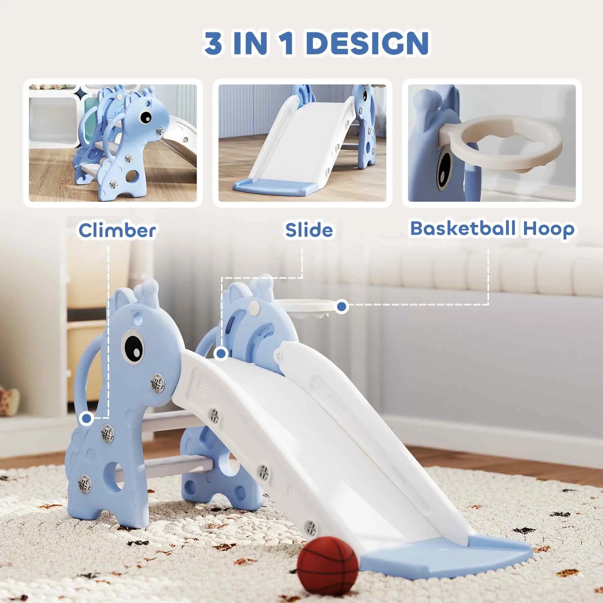 3 In 1 Toddler Slide, Climber, Basketball Hoop, Giraffe Design, Blue Gym Sets & Swings at Gallery Canada