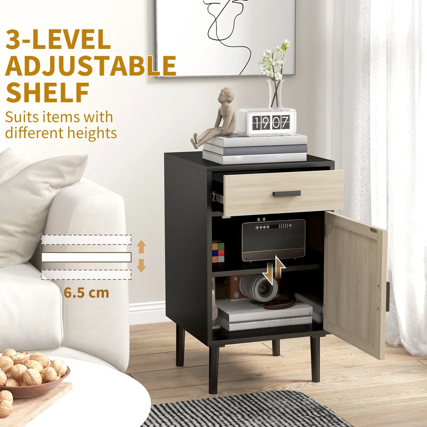 Boho Bedside Tables Set of 2, Nightstands with Drawer, Rattan Cabinet, Black Bedside Tables at Gallery Canada