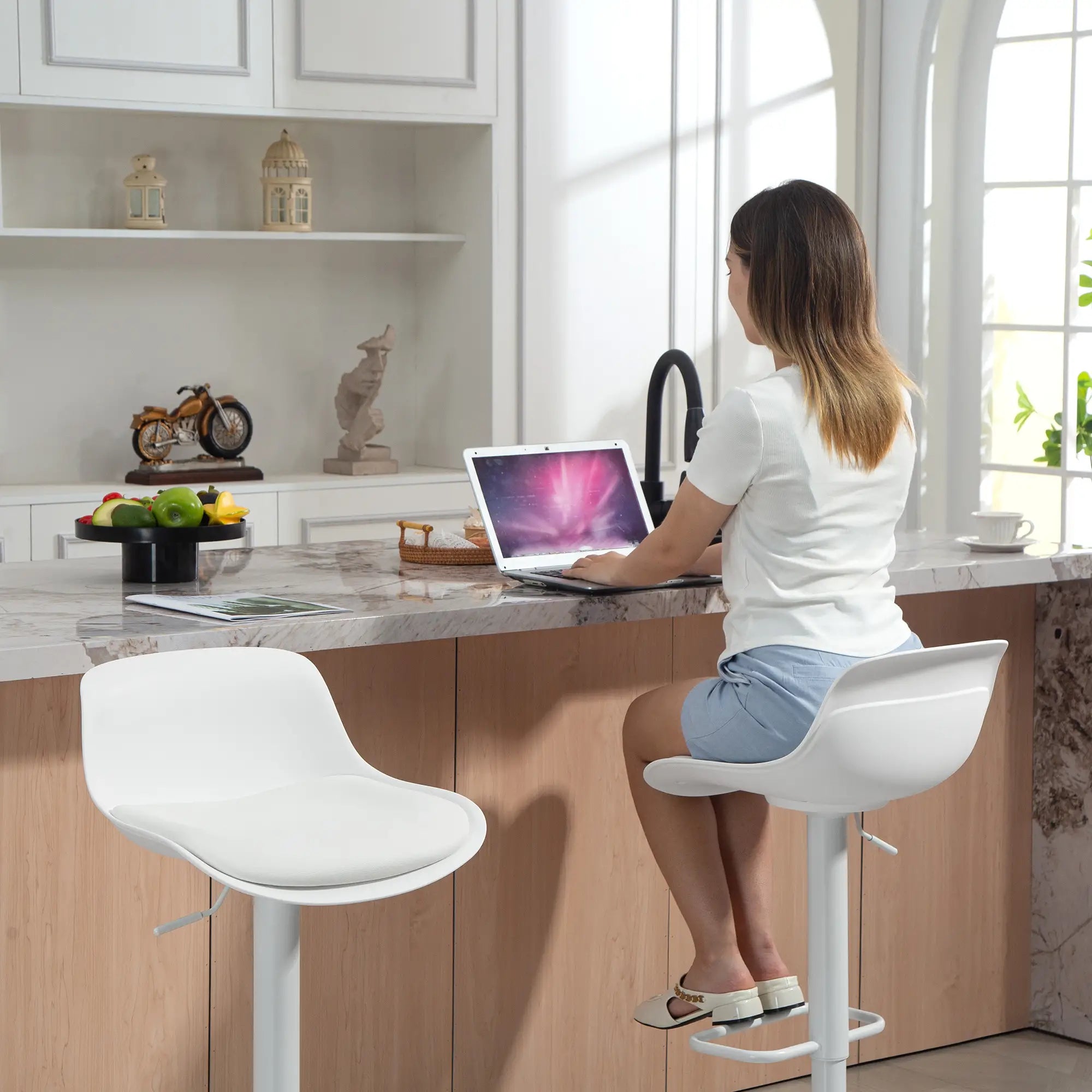 Counter Height Bar Stools Set of 2, Adjustable Swivel PU Leather, White Bar Stools at Gallery Canada